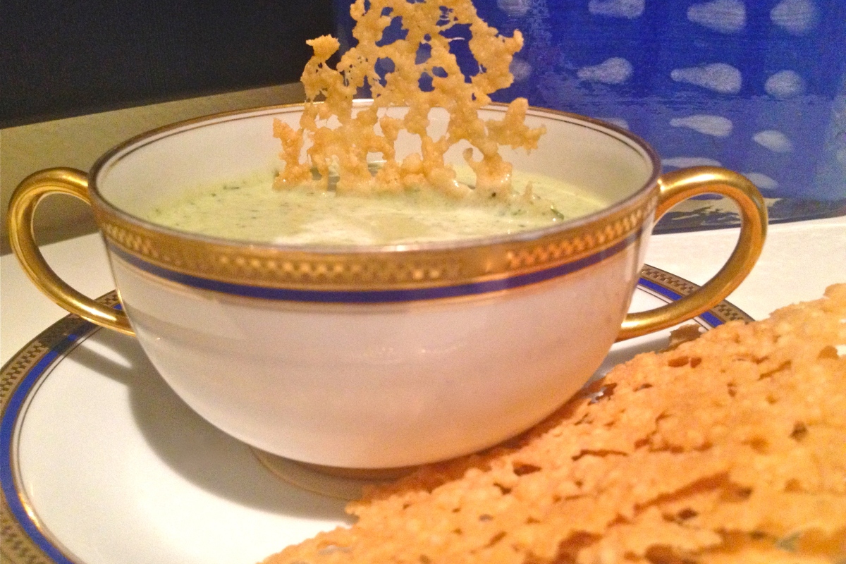 Creamy zucchini soup with Parmesan Crisps