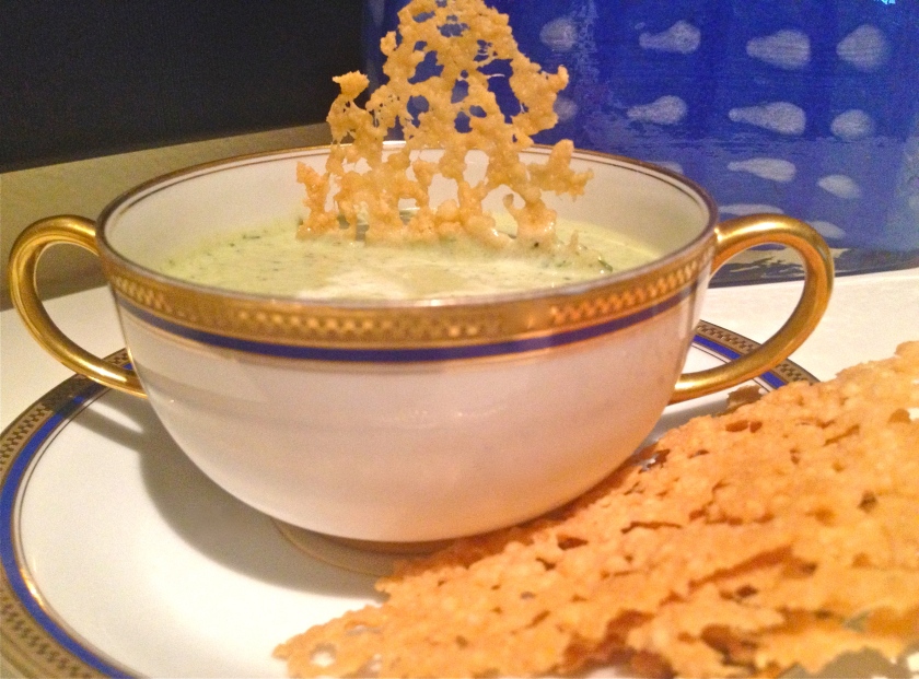 Creamy zucchini soup with Parmesan Crisps