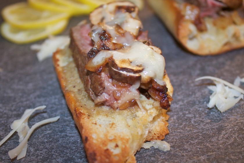Steak, mushrooms, pate, sherry - all on a crusty baguette - YUM!